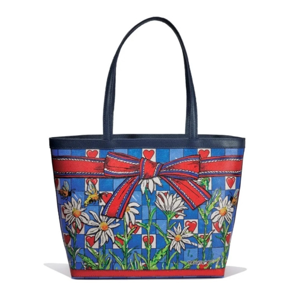 BRIGHTON BEE HAPPY LEATHER TOTE HANDBAG PURSE NAVY BLUE RED BOW HEARTS